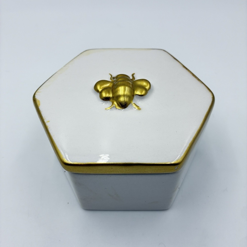 White Gold Trinket Jewelry Vanity Holder Box With Bee Hand Painted Octagon Shape